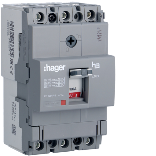 HDA100L - Автоматичний вимикач x160, In=100А, 3п, 18kA, Тфікс./Мфікс. 