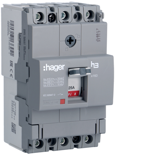 HDA025L - Автоматичний вимикач x160, In=25А, 3п, 18kA, Тфікс./Мфікс. 